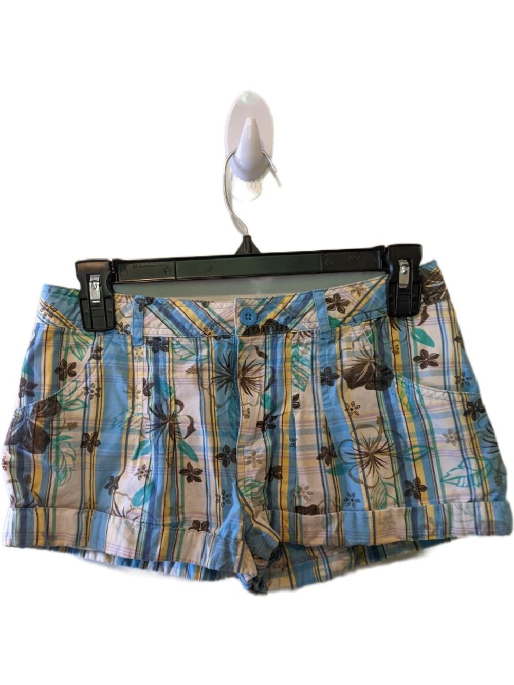 Vintage Y2K Blue Plaid Hibiscus Print Shorts Coconut Surf Tropical Beach 28"